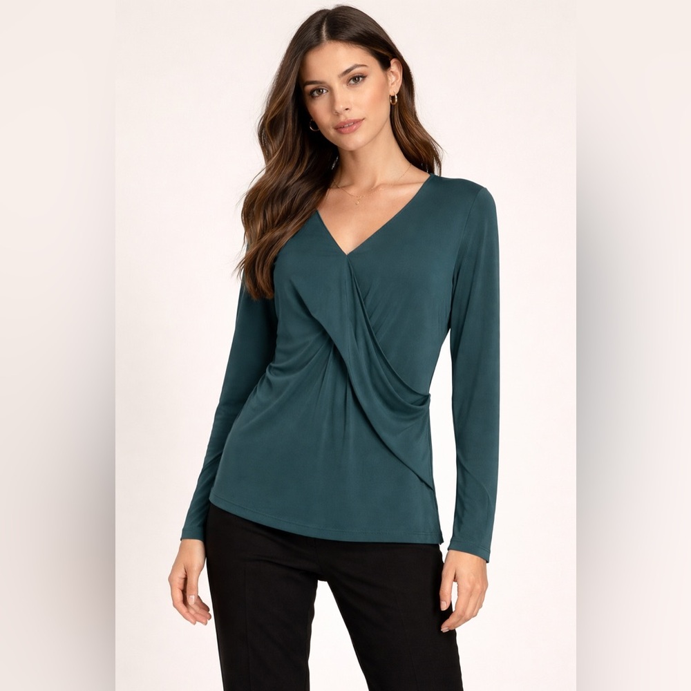 Jason Wu Draped Faux Wrap Top Teal Surplice Stretch Blouse M